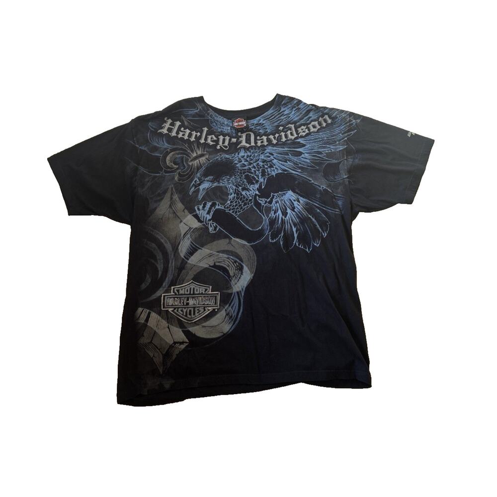 Vintage Y2K Harley Davidson Black T Shirt Eagle All Over Print Blue Graphic 2XL